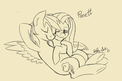 Size: 780x517 | Tagged: safe, artist:hobbsmeerkat, fluttershy, rainbow dash, g4, female, hug, lesbian, monochrome, on back, ship:flutterdash, shipping, sketch, smiling, snuggling