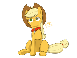 Size: 500x375 | Tagged: safe, artist:sion, applejack, ask pet applejack, g4, collar, female, simple background, sitting, solo