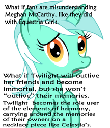 Size: 436x504 | Tagged: safe, lyra heartstrings, pony, unicorn, g4, alicorn drama, bad idea, conspiracy, conspiracy lyra, conspiracy theory, drama, exploitable meme, female, immortality blues, looking at you, meghan mccarthy, meme, open mouth, simple background, solo, white background