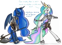 Size: 1640x1182 | Tagged: safe, artist:general-grievous101, princess celestia, princess luna, anthro, unguligrade anthro, g4, armor, axe, trollestia, warrior celestia, warrior luna, weapon