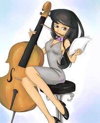 Size: 1653x2025 | Tagged: safe, artist:general-grievous101, octavia melody, human, g4, bow (instrument), cello, clothes, dress, female, humanized, mouth hold, musical instrument, sitting, solo