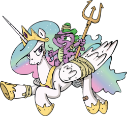 Size: 2858x2600 | Tagged: safe, idw, princess celestia, spike, alicorn, dragon, pony, g4, spoiler:comic, spoiler:comic04, bandage, dragons riding ponies, duo, duo male and female, epic spike, ethereal mane, eyepatch, female, male, mare, riding, simple background, spike riding celestia, transparent background, trident, vector