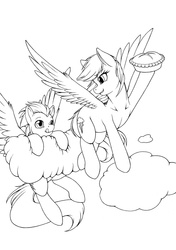 Size: 855x1213 | Tagged: safe, artist:longinius, rainbow dash, soarin', g4, cloud, female, flying, grayscale, male, monochrome, ship:soarindash, shipping, straight