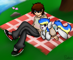 Size: 1500x1250 | Tagged: safe, artist:php166, artist:psalmie, oc, oc only, oc:psalm, human, chest fluff, duo, human on pony snuggling, picnic blanket, prone, sitting, snuggling