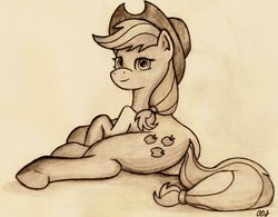 Size: 1024x798 | Tagged: safe, artist:artofcanterlot, applejack, earth pony, pony, g4, female, looking back, mare, monochrome, prone, solo, traditional art