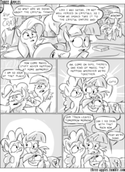 Size: 944x1294 | Tagged: safe, artist:capnpea, apple bloom, fluttershy, pinkie pie, rainbow dash, twilight sparkle, alicorn, pegasus, pony, comic:three apples, g4, comic, female, golden oaks library, hug, mare, monochrome, twilight sparkle (alicorn)