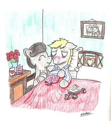 Size: 856x933 | Tagged: safe, artist:bobthedalek, oc, oc only, oc:mixed melody, oc:octavia's father, oc:octavia's mother, oc:ostinato melody, earth pony, pony, bed, bed mane, bedroom, caring for the sick, clothes, cold, duo, female, hot water bottle, male, mug, pajamas, parent, red nosed, sick, tissue, tissue box
