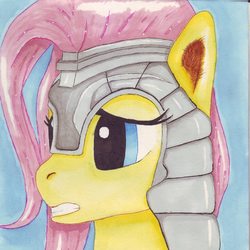 Size: 960x960 | Tagged: safe, artist:spaghettinoodles, fluttershy, private pansy, g4, armor, cute, determined, ear fluff, female, frown, gritted teeth, helmet, nervous, scared, solo