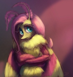 Size: 700x745 | Tagged: safe, artist:grissaecrim, fluttershy, moth, mothpony, original species, anthro, g4, crossed arms, female, fluffy, fluttermoth, frown, looking at you, rosy maple moth, solo, species swap