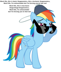 Size: 821x972 | Tagged: safe, rainbow dash, pegasus, pony, g4, may the best pet win, my little pony: friendship is magic, backwards ballcap, baseball cap, basic thuganomics, cap, female, hat, john cena, mare, simple background, solo, song reference, sunglasses, transparent background, vector, word life, wwe