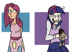 Size: 1280x882 | Tagged: safe, artist:eliwood10, pinkie pie, smarty pants, twilight sparkle, human, g4, crazy face, humanized, insanity, pinkamena diane pie, scary, twilight snapple