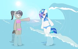 Size: 1121x713 | Tagged: safe, artist:ptepix, dj pon-3, octavia melody, vinyl scratch, semi-anthro, g4, arm hooves, beach, belly button, bikini, clothes, duo, swimsuit