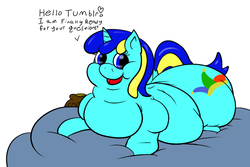 Size: 750x500 | Tagged: safe, artist:watertimdragon, oc, oc only, oc:jester bells, pony, unicorn, ask, butt, chubby, cookie jar, fat, impossibly large butt, plot, solo, tumblr
