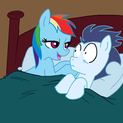 Size: 500x499 | Tagged: safe, artist:jcking101, artist:madmax, rainbow dash, soarin', pony, g4, aftersex ponies, female, implied sex, male, morning after, pillow, ship:soarindash, shipping, straight, surprised, wide eyes