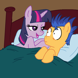 Size: 500x499 | Tagged: safe, artist:jcking101, artist:madmax, edit, flash sentry, twilight sparkle, alicorn, pegasus, pony, g4, aftersex ponies, bed, bedroom eyes, duo, female, frown, implied sex, male, mare, morning after, on back, open mouth, pillow, sheet, ship:flashlight, shipping, smiling, stallion, straight, surprised, wide eyes