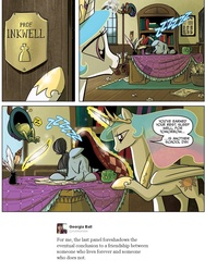 Size: 960x1276 | Tagged: safe, idw, princess celestia, professor inkwell, alicorn, frog, pony, unicorn, g4, micro-series #8, my little pony micro-series, spoiler:comic, blanket, feels, female, food, georgia ball, glowing horn, hat, horn, immortality blues, inkwell, levitation, magic, magic aura, mare, quill, sleeping, tea, telekinesis, z, zzz