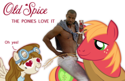 Size: 487x318 | Tagged: safe, artist:multigal, big macintosh, oc, unnamed oc, earth pony, human, pegasus, pony, g4, african american, female, goggles, heart eyes, i'm on a horse, irl human, isaiah mustafa, male, mare, oh yes, old spice, old spice guy, simple background, stallion, the man your man could smell like, transparent background, wingding eyes