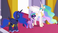 Size: 1690x951 | Tagged: safe, artist:dtkraus, edit, edited screencap, screencap, princess celestia, princess luna, twilight sparkle, aardvark, alicorn, pony, unicorn, g4, butt, crown, doorway, ethereal hair, ethereal mane, ethereal tail, female, hoof shoes, jewelry, licking, mare, partially open wings, peytral, plot, regalia, tail, tiara, unicorn twilight, wat, wings