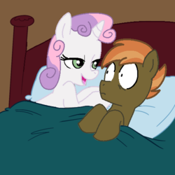 Size: 500x500 | Tagged: safe, artist:jcking101, artist:madmax, edit, button mash, sweetie belle, pony, g4, buttonbetes, cute, diasweetes, female, implied sex, male, morning after, older, older button mash, older sweetie belle, pillow, ship:sweetiemash, shipping, straight, surprised, wide eyes