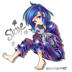 Size: 800x800 | Tagged: safe, artist:semehammer, marble pie, oc, oc only, oc:skye, human, g4, barefoot, clothes, doll, feet, female, humanized, looking at you, pajamas, sitting, smiling, solo