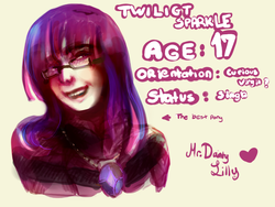 Size: 1063x801 | Tagged: safe, artist:cookieluv246, twilight sparkle, human, g4, female, glasses, humanized, profile, solo, text