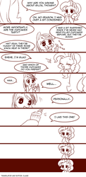 Size: 500x1028 | Tagged: safe, artist:うめぐる, pinkie pie, rainbow dash, earth pony, pegasus, pony, fanfic:cupcakes, g4, cannibalism, comic, cupcake, empty eyes, food, implied gilda, meat, monochrome, no catchlights, ponies eating meat
