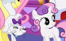 Size: 906x567 | Tagged: safe, screencap, fluttershy, opalescence, sweetie belle, g4, stare master, :3, animated, female, haircut, pure unfiltered evil, scratching, trollface