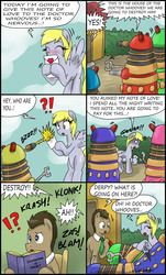 Size: 1852x3070 | Tagged: safe, artist:ciriliko, derpy hooves, doctor whooves, time turner, earth pony, pegasus, pony, g4, background pony, blushing, comic, creeper, crossover, dalek, doctor who, engrish, female, krash, love letters, male, mare, necktie, stallion, zas