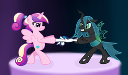 Size: 1024x606 | Tagged: safe, artist:hip-indeed, princess cadance, queen chrysalis, shining armor, alicorn, changeling, changeling queen, pony, g4, cute, cutealis, cutedance, doll, duo, duo female, female, fight, filly, filly queen chrysalis, foal, gradient background, plushie, shining armor plushie, teen princess cadance, teenager, toy, younger