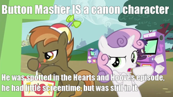 Size: 1280x720 | Tagged: safe, edit, edited screencap, screencap, apple bytes, archer (character), button mash, scootablue, sweetie belle, g4, hearts and hooves day (episode), arcade game, dexterous hooves, duo focus, hearts and hooves day, image macro, the perfect stallion, tongue out