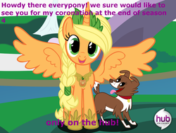 Size: 1428x1071 | Tagged: safe, artist:beavernator, edit, applejack, winona, alicorn, dog, pony, g4, advertisement, alicornified, applecorn, fake, female, mare, race swap, spread wings, the hub, wings