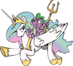 Size: 2858x2600 | Tagged: safe, idw, princess celestia, spike, alicorn, dragon, pony, g4, spoiler:comic, spoiler:comic04, dragons riding ponies, duo, duo male and female, epic spike, ethereal mane, eyepatch, female, male, mare, riding, simple background, spear, spike riding celestia, transparent background, trident, vector, warrior spike, weapon