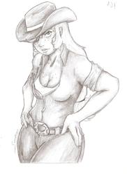 Size: 1700x2338 | Tagged: safe, artist:sundown, applejack, human, g4, applebucking thighs, applejack's hat, cowboy hat, female, freckles, grayscale, hand on hip, hat, humanized, monochrome, partial color, pencil drawing, solo, traditional art