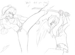 Size: 2338x1700 | Tagged: safe, artist:sundown, applejack, rainbow dash, human, g4, fight, humanized, martial arts, monochrome, sword, weapon, winged humanization