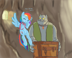 Size: 1300x1050 | Tagged: safe, artist:lemon, rainbow dash, diamond dog, pegasus, pony, g4, accessory swap, cart, cave, clothes, crack shipping, cute, dashabetes, female, gem, happy, male, mine, straight, vest, working