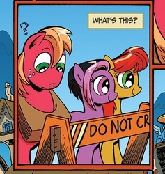 Size: 390x412 | Tagged: safe, artist:andy price, idw, official comic, big macintosh, rosie rust, roxy freefall, earth pony, pony, g4, spoiler:comic, caitlin fairchild, comic, dc comics, fairchild, freefall, gen 13, male, ponified, question mark, stallion