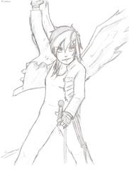 Size: 1700x2338 | Tagged: safe, artist:sundown, rainbow dash, human, g4, female, freddie mercury, humanized, monochrome, solo, winged humanization