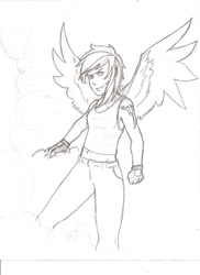 Size: 1700x2338 | Tagged: safe, artist:sundown, rainbow dash, human, g4, female, humanized, monochrome, solo, tattoo, winged humanization