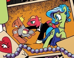 Size: 389x303 | Tagged: safe, artist:andypriceart, idw, official comic, big macintosh, tealove, earth pony, pony, g4, zen and the art of gazebo repair, spoiler:comic, spoiler:comic10, clothes, dress, ernst stavro blofeld, james bond, male, necklace, pearl, ponified, scar, spy, stallion, teamac, tuxedo, unnamed character, unnamed pony