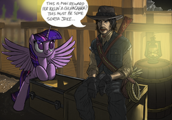 Size: 1500x1050 | Tagged: safe, artist:atteez, twilight sparkle, alicorn, human, pony, g4, crossover, cute, female, john marston, mare, red dead redemption, twiabetes, twilight sparkle (alicorn)