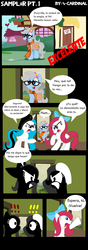 Size: 678x1920 | Tagged: safe, artist:4-cardinal, oc, oc only, oc:sampler switch, earth pony, pony, unicorn, bow, clothes, comic, female, glasses, hair bow, mare, saddle bag, scarf, smoothie, spanish