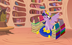 Size: 3200x2000 | Tagged: safe, artist:xonxt, twilight sparkle, alicorn, pony, g4, big crown thingy, book, book fort, bookhorse, bookshelf, female, frown, golden oaks library, gritted teeth, library, mare, nervous, pillow, sitting, spread wings, sweat, that pony sure does love books, throne, twilight sparkle (alicorn)
