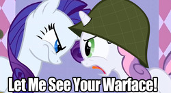 Size: 1334x726 | Tagged: safe, edit, edited screencap, screencap, rarity, sweetie belle, friendship is witchcraft, g4, adventure in the comments, army helmet, eye contact, full metal jacket, helmet, image macro, let me see your war face, war face