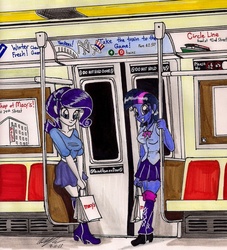 Size: 1280x1411 | Tagged: safe, artist:newyorkx3, rarity, twilight sparkle, human, equestria girls, g4, city, cityscape, clothes, macy's, new york yankees, pony coloring, traditional art, train