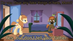 Size: 1280x720 | Tagged: safe, button mash, oc, oc:cream heart, earth pony, pony, g4, bedroom, caption, colt, earth pony oc, female, foal, image macro, innuendo, male, mare, mother and child, mother and son, subtitles