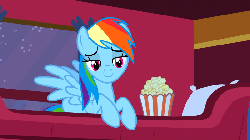 Size: 800x450 | Tagged: safe, screencap, rainbow dash, g4, over a barrel, animated, female, fire, fire breath, food, implied spike, offscreen character, popcorn, solo