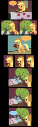 Size: 1024x3385 | Tagged: safe, artist:kasun05, applejack, bloomberg, rainbow dash, g4, over a barrel, bed, clothes, costume, reading, scene interpretation, tree costume