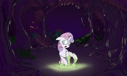 Size: 1838x1092 | Tagged: safe, artist:extremeasaur5000, sweetie belle, g4, crying, dark, eyes in the dark, female, forest, glowing, scared, slime, solo, stuck