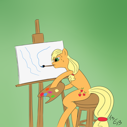 Size: 1995x1995 | Tagged: safe, artist:eccentric bloodstone, applejack, g4, easel, female, mouth hold, paintbrush, painting, sitting, solo