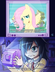 Size: 2550x3300 | Tagged: safe, artist:rubtox, fluttershy, human, pegasus, pony, g4, angry, anime, bags under eyes, crossover, dialogue, exploitable meme, female, jealous, mare, meme, pixiv, television, tomoko kuroki, tv meme, watamote